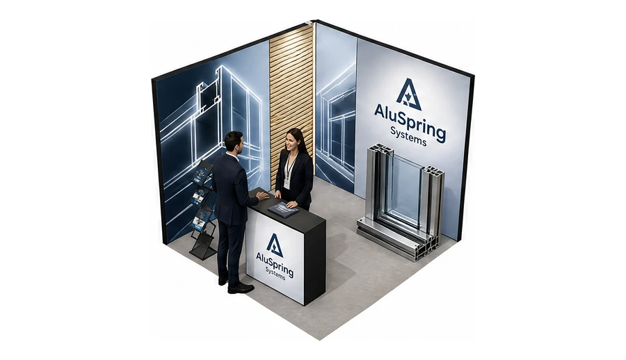 Stoisko 3 × 3 m narożne lewe dla branży profile aluminiowe, przykładowa marka AluSpring Systems