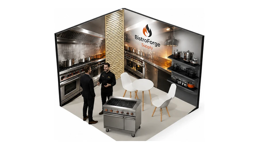Stoisko 3 × 3 m narożne lewe dla branży wyposażenie gastronomii, przykładowa marka BistroForge Supply