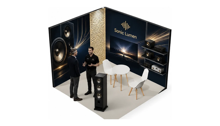 Stoisko 3 × 3 m narożne lewe dla branży sprzęt audio-video, przykładowa marka Sonic Lumen
