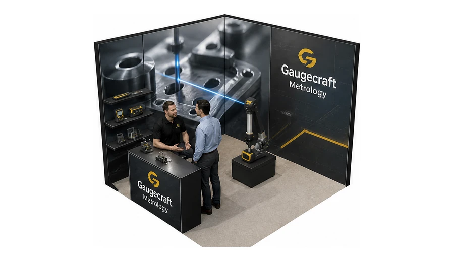 Stoisko 3 × 3 m narożne lewe dla branży technika pomiarowa, przykładowa marka Gaugecraft Metrology