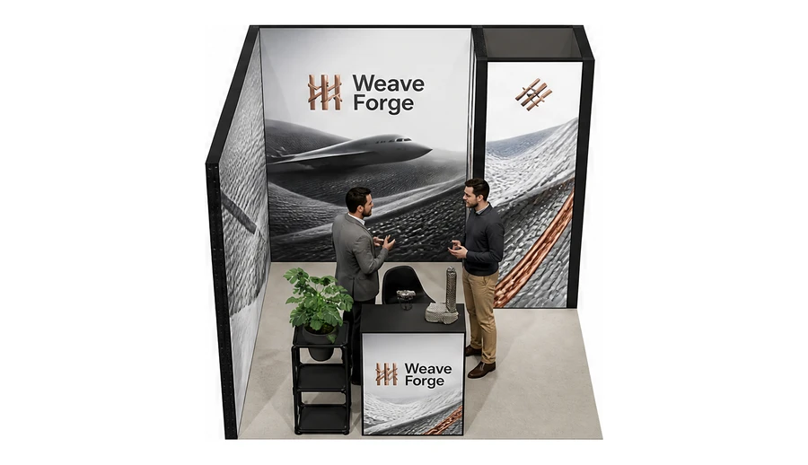 Stoisko 3 × 3 m narożne lewe dla branży materiały kompozytowe, przykładowa marka Weave Forge