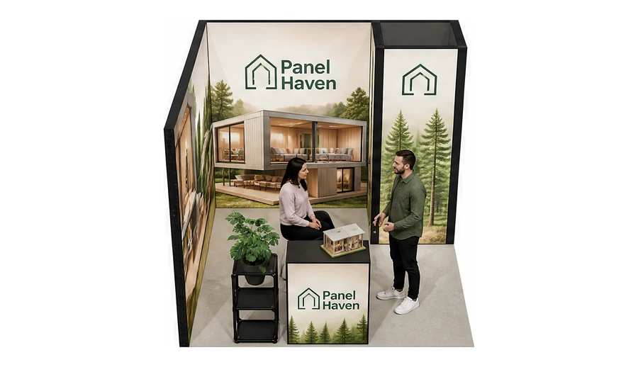 Stoisko 3 × 3 m narożne lewe dla branży domy modułowe i prefabrykacja, przykładowa marka Panel Haven