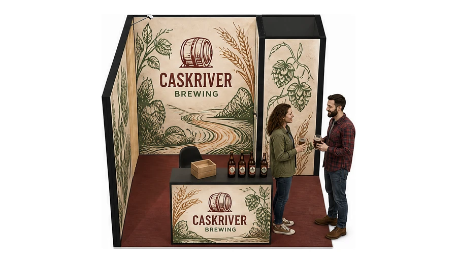 Stoisko 3 × 3 m narożne lewe dla branży browar rzemieślniczy, przykładowa marka Caskriver Brewing