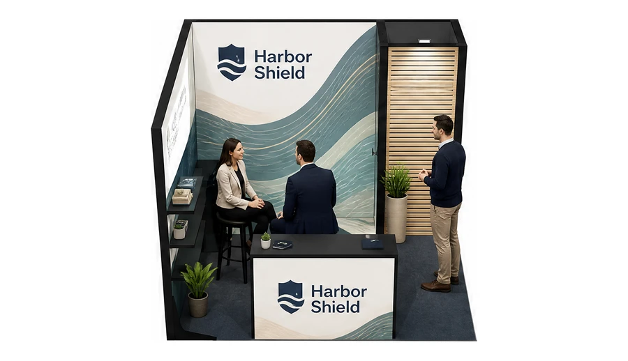 Stoisko 3 × 3 m narożne lewe dla branży ubezpieczenia, przykładowa marka Harbor Shield
