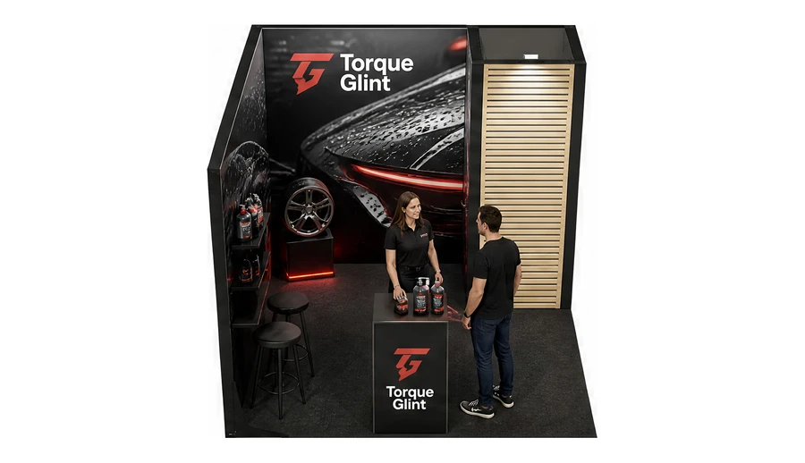 Stoisko 3 × 3 m narożne lewe dla branży tuning i detailing, przykładowa marka Torque Glint