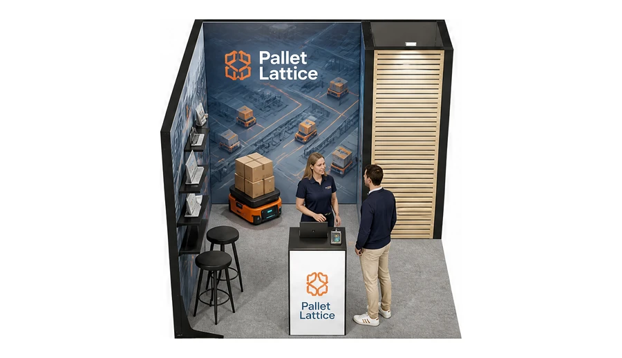 Stoisko 3 × 3 m narożne lewe dla branży intralogistyka i magazyn, przykładowa marka Pallet Lattice