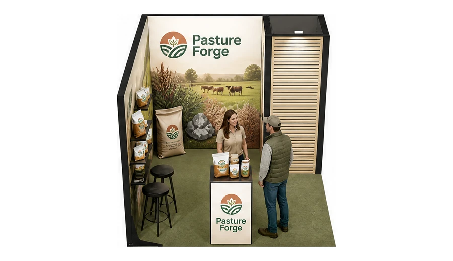 Stoisko 3 × 3 m narożne lewe dla branży hodowla i pasze, przykładowa marka Pasture Forge