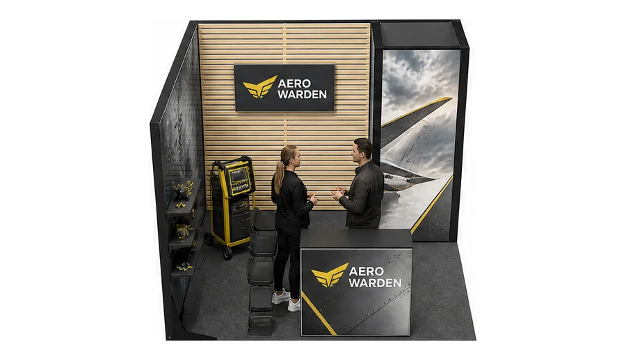 Stoisko 3 × 3 m narożne lewe dla branży lotnictwo, przykładowa marka Aero Warden