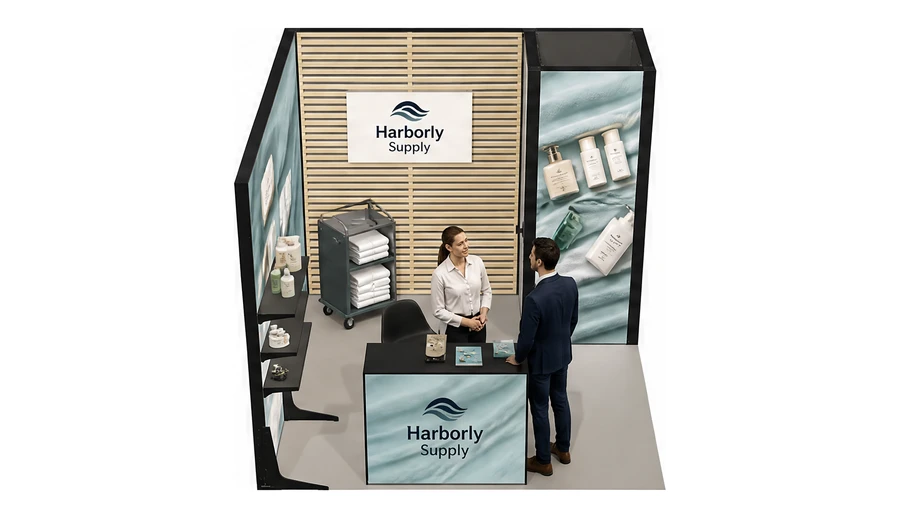 Stoisko 3 × 3 m narożne lewe dla branży wyposażenie hoteli, przykładowa marka Harborly Supply