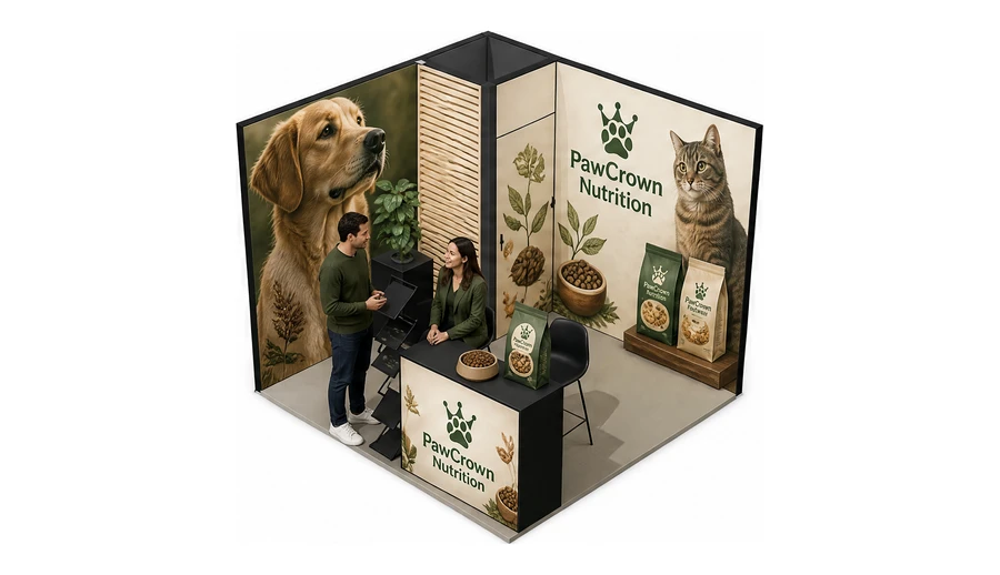 Stoisko 3 × 3 m narożne lewe dla branży karma dla zwierząt, przykładowa marka PawCrown Nutrition