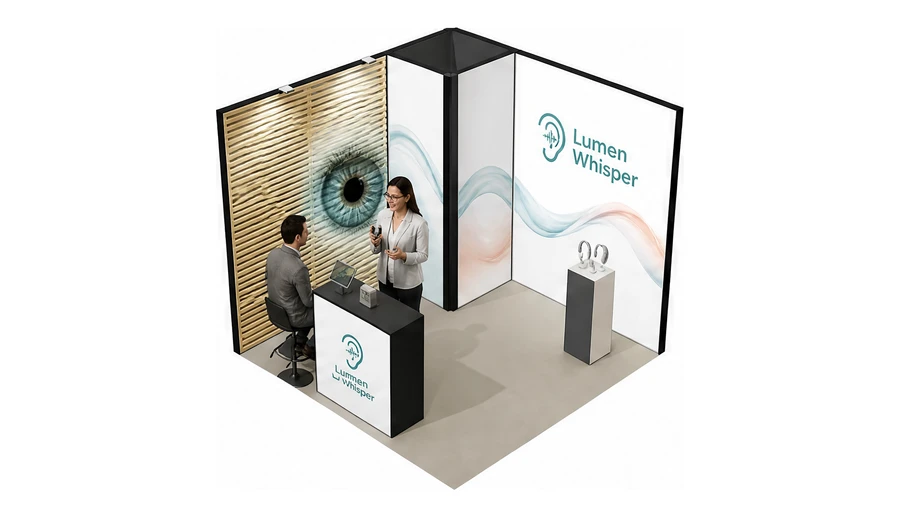 Stoisko 3 × 3 m narożne lewe dla branży optyka i audiologia, przykładowa marka Lumen Whisper
