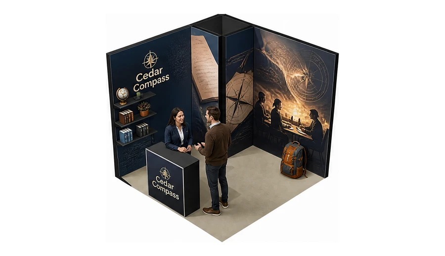 Stoisko 3 × 3 m narożne lewe dla branży edukacja i szkolenia, przykładowa marka Cedar Compass