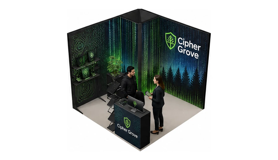 Stoisko 3 × 3 m narożne lewe dla branży cyberbezpieczeństwo, przykładowa marka Cipher Grove