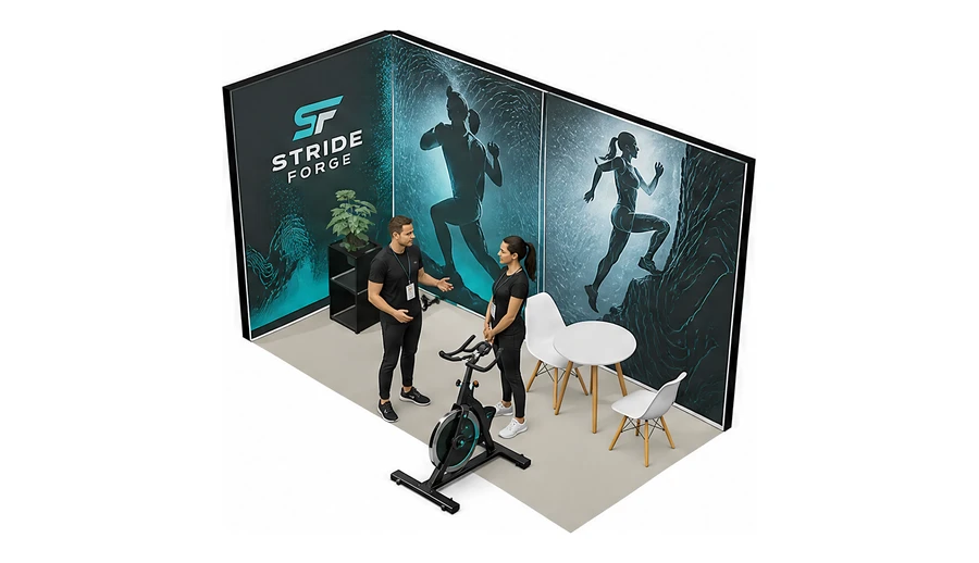 Stoisko 4 × 2 m narożne lewe dla branży sprzęt sportowy, przykładowa marka Stride Forge
