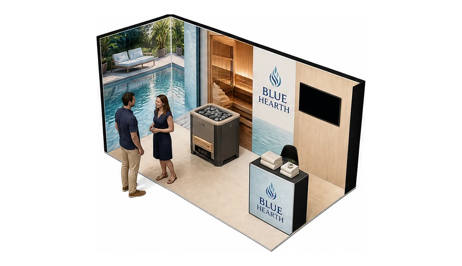 Stoisko 4 × 2 m narożne lewe dla branży baseny i sauny, przykładowa marka Blue Hearth