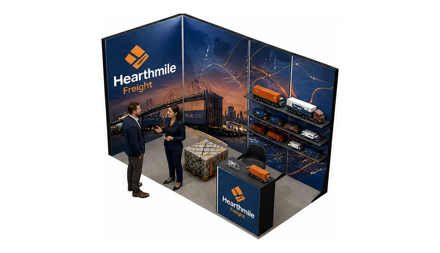 Stoisko 4 × 2 m narożne lewe dla branży logistyka i spedycja, przykładowa marka Hearthmile Freight