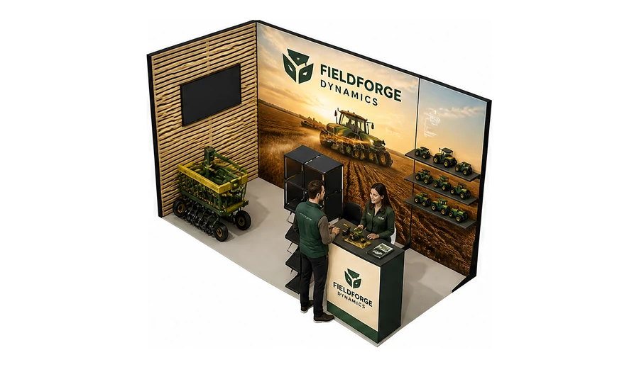 Stoisko 4 × 2 m narożne lewe dla branży maszyny rolnicze, przykładowa marka Fieldforge Dynamics