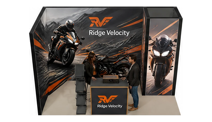 Stoisko 4 × 2 m narożne lewe dla branży motocykle i skutery, przykładowa marka Ridge Velocity