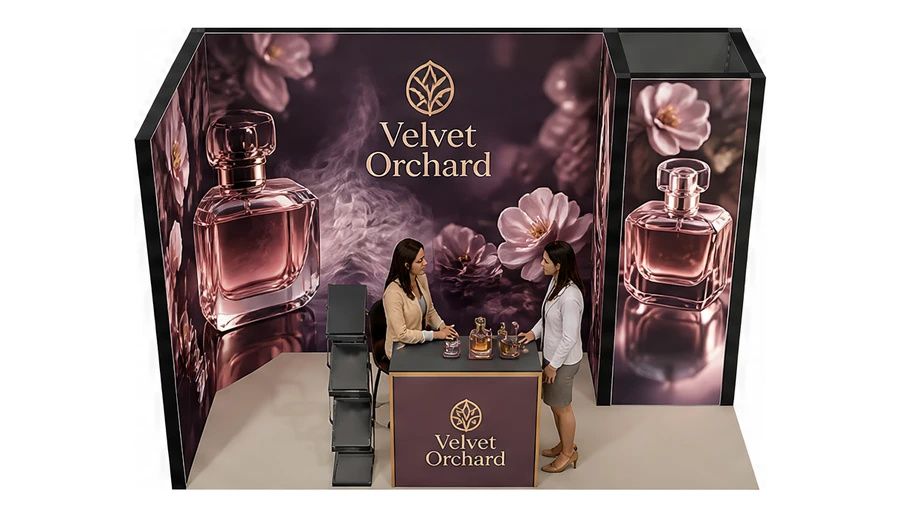 Stoisko 4 × 2 m narożne lewe dla branży perfumy, przykładowa marka Velvet Orchard