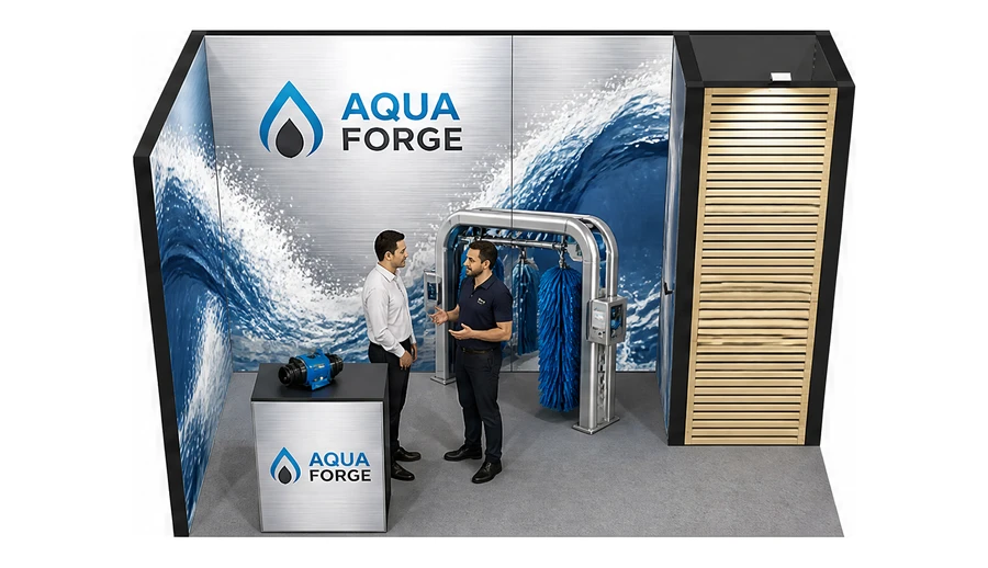 Stoisko 4 × 2 m narożne lewe dla branży myjnie i pielęgnacja aut, przykładowa marka Aqua Forge