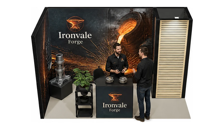 Stoisko 4 × 2 m narożne lewe dla branży obróbka metali i odlewnictwo, przykładowa marka Ironvale Forge