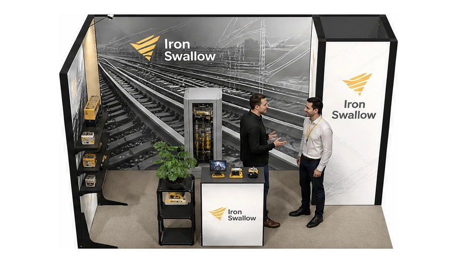Stoisko 4 × 2 m narożne lewe dla branży kolej i tabor, przykładowa marka Iron Swallow