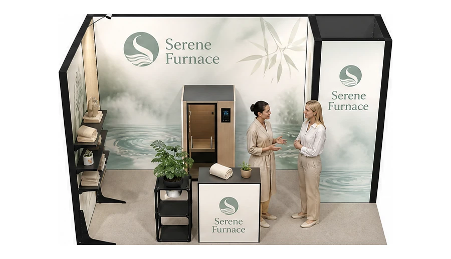 Stoisko 4 × 2 m narożne lewe dla branży spa i wellness, przykładowa marka Serene Furnace