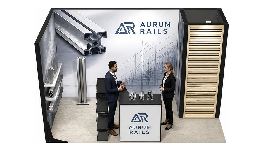 Stoisko 4 × 2 m narożne lewe dla branży profile aluminiowe, przykładowa marka Aurum Rails