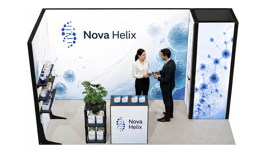Stoisko 4 × 2 m narożne lewe dla branży farmacja i biotechnologia, przykładowa marka Nova Helix