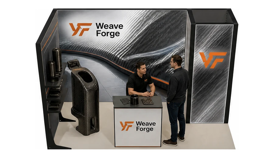 Stoisko 4 × 2 m narożne lewe dla branży materiały kompozytowe, przykładowa marka Weave Forge