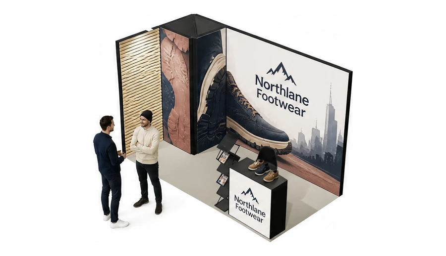 Stoisko 4 × 2 m narożne lewe dla branży obuwie, przykładowa marka Northlane Footwear