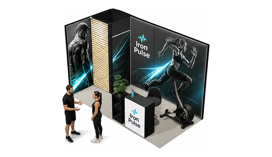 Stoisko 4 × 2 m narożne lewe dla branży fitness i siłownie, przykładowa marka Iron Pulse