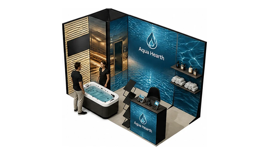 Stoisko 4 × 2 m narożne lewe dla branży baseny i sauny, przykładowa marka Aqua Hearth