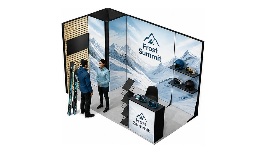 Stoisko 4 × 2 m narożne lewe dla branży narciarstwo i sporty zimowe, przykładowa marka Frost Summit