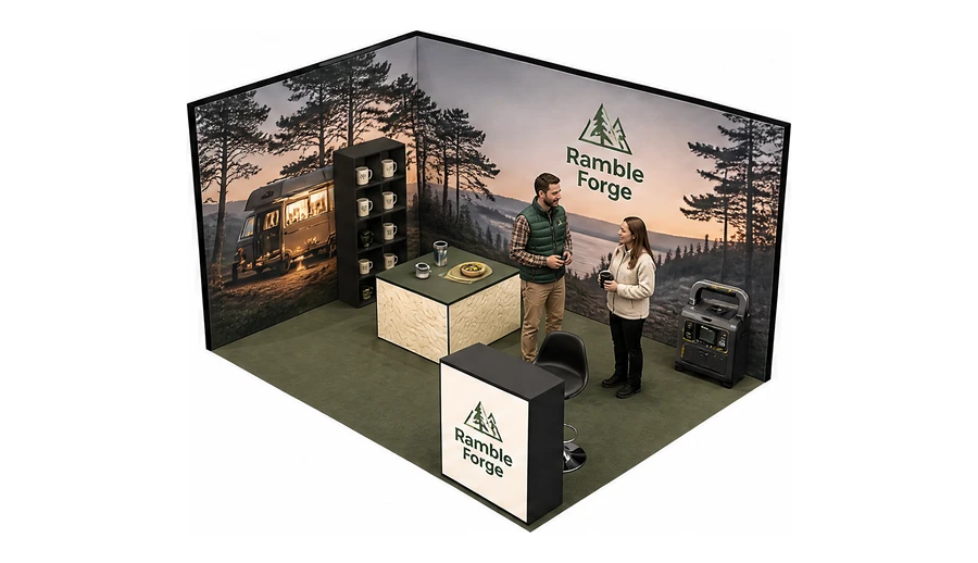 Stoisko 4 × 3 m narożne lewe dla branży caravaning i kampery, przykładowa marka Ramble Forge