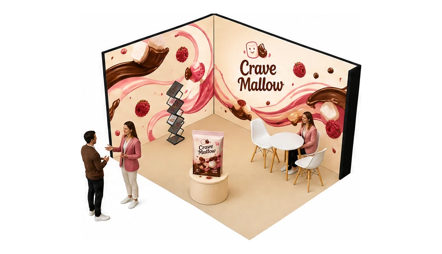 Stoisko 4 × 3 m narożne lewe dla branży słodycze i przekąski, przykładowa marka Crave Mallow