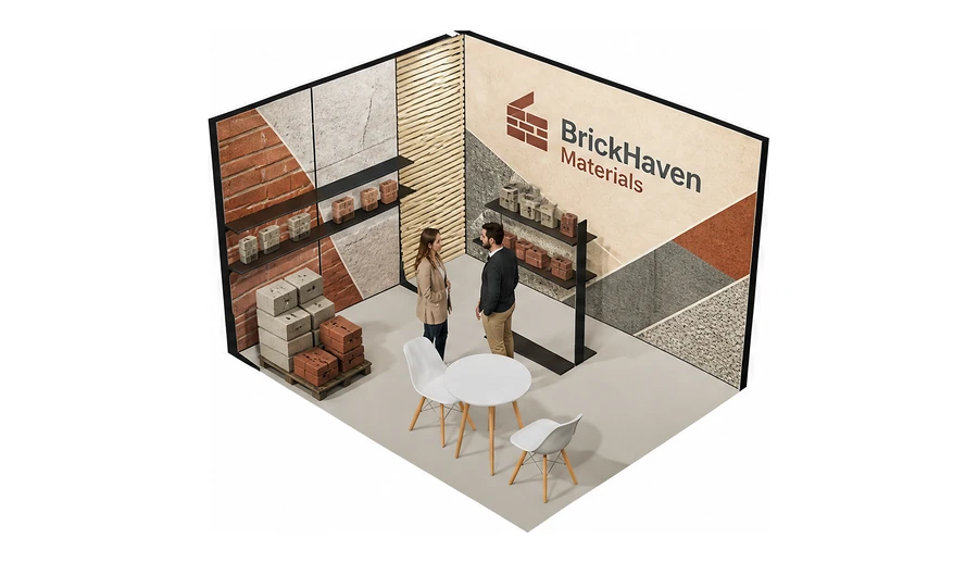 Stoisko 4 × 3 m narożne lewe dla branży materiały budowlane, przykładowa marka BrickHaven Materials