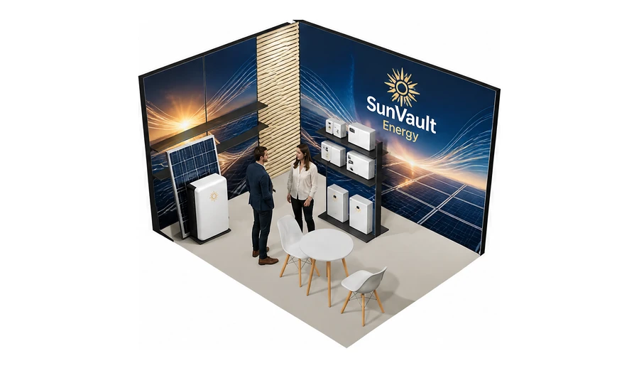 Stoisko 4 × 3 m narożne lewe dla branży fotowoltaika, przykładowa marka SunVault Energy
