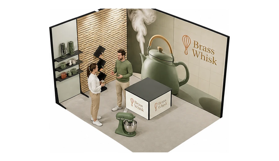 Stoisko 4 × 3 m narożne lewe dla branży sprzęt kuchenny i AGD, przykładowa marka Brass Whisk