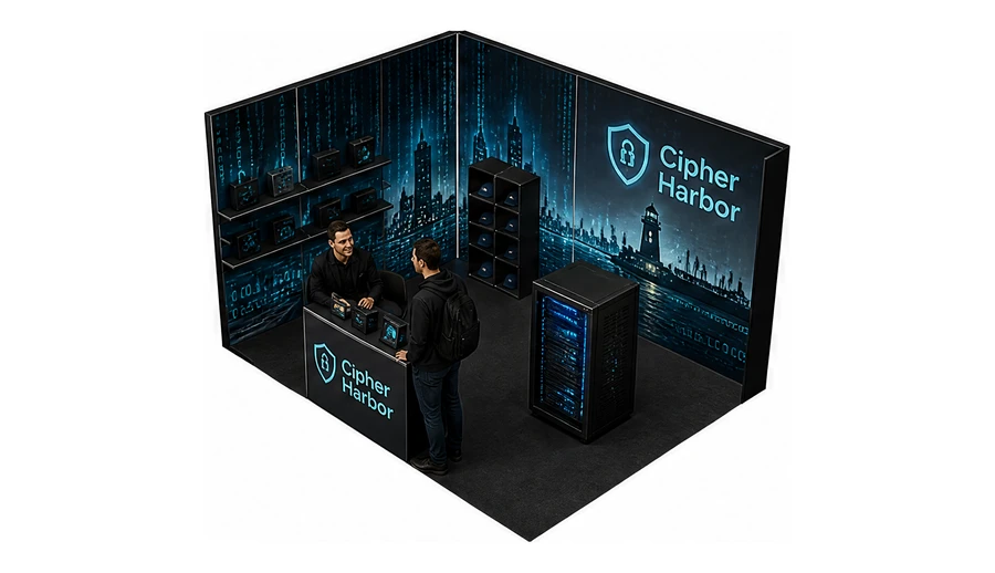 Stoisko 4 × 3 m narożne lewe dla branży cyberbezpieczeństwo, przykładowa marka Cipher Harbor