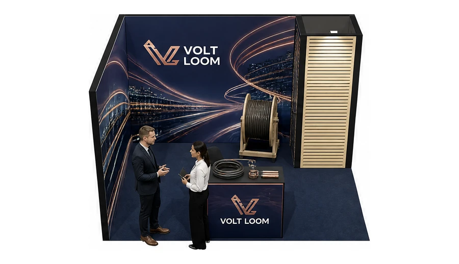 Stoisko 4 × 3 m narożne lewe dla branży kable i elektrotechnika, przykładowa marka Volt Loom