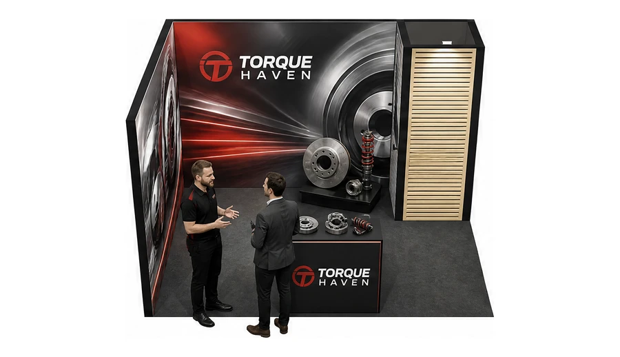 Stoisko 4 × 3 m narożne lewe dla branży części motoryzacyjne, przykładowa marka Torque Haven