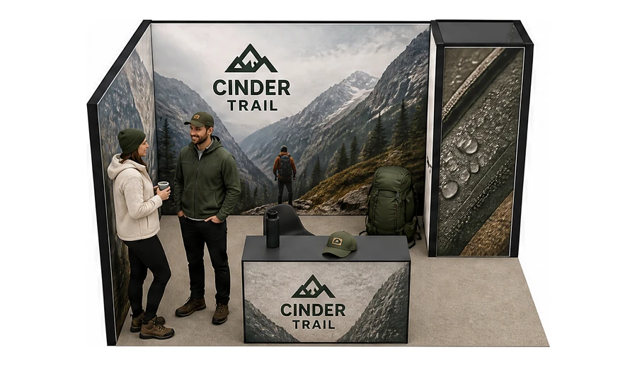 Stoisko 4 × 3 m narożne lewe dla branży odzież i sprzęt outdoorowy, przykładowa marka Cinder Trail