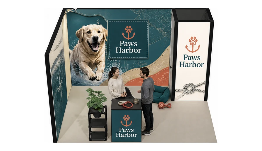 Stoisko 4 × 3 m narożne lewe dla branży akcesoria dla zwierząt, przykładowa marka Paws Harbor