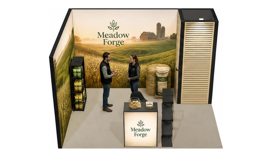 Stoisko 4 × 3 m narożne lewe dla branży hodowla i pasze, przykładowa marka Meadow Forge