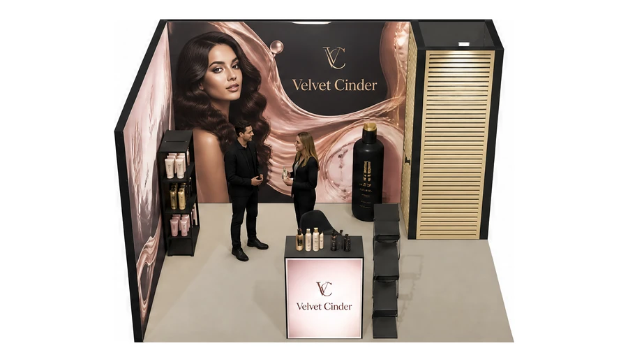 Stoisko 4 × 3 m narożne lewe dla branży fryzjerstwo i salony beauty, przykładowa marka Velvet Cinder