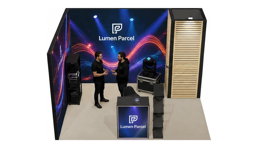 Stoisko 4 × 3 m narożne lewe dla branży branża eventowa, przykładowa marka Lumen Parcel