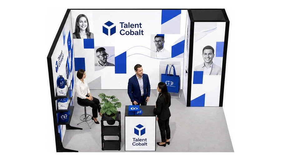 Stoisko 4 × 3 m narożne lewe dla branży HR i rekrutacja, przykładowa marka Talent Cobalt