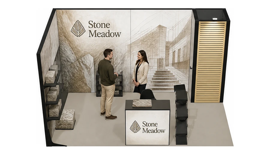 Stoisko 4 × 3 m narożne lewe dla branży kamień i kamieniarstwo, przykładowa marka Stone Meadow