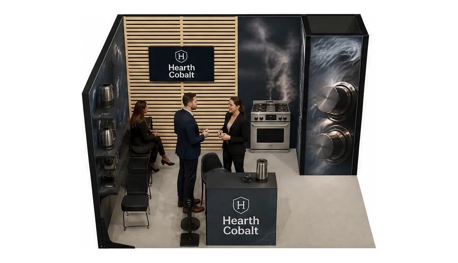 Stoisko 4 × 3 m narożne lewe dla branży sprzęt kuchenny i AGD, przykładowa marka Hearth Cobalt